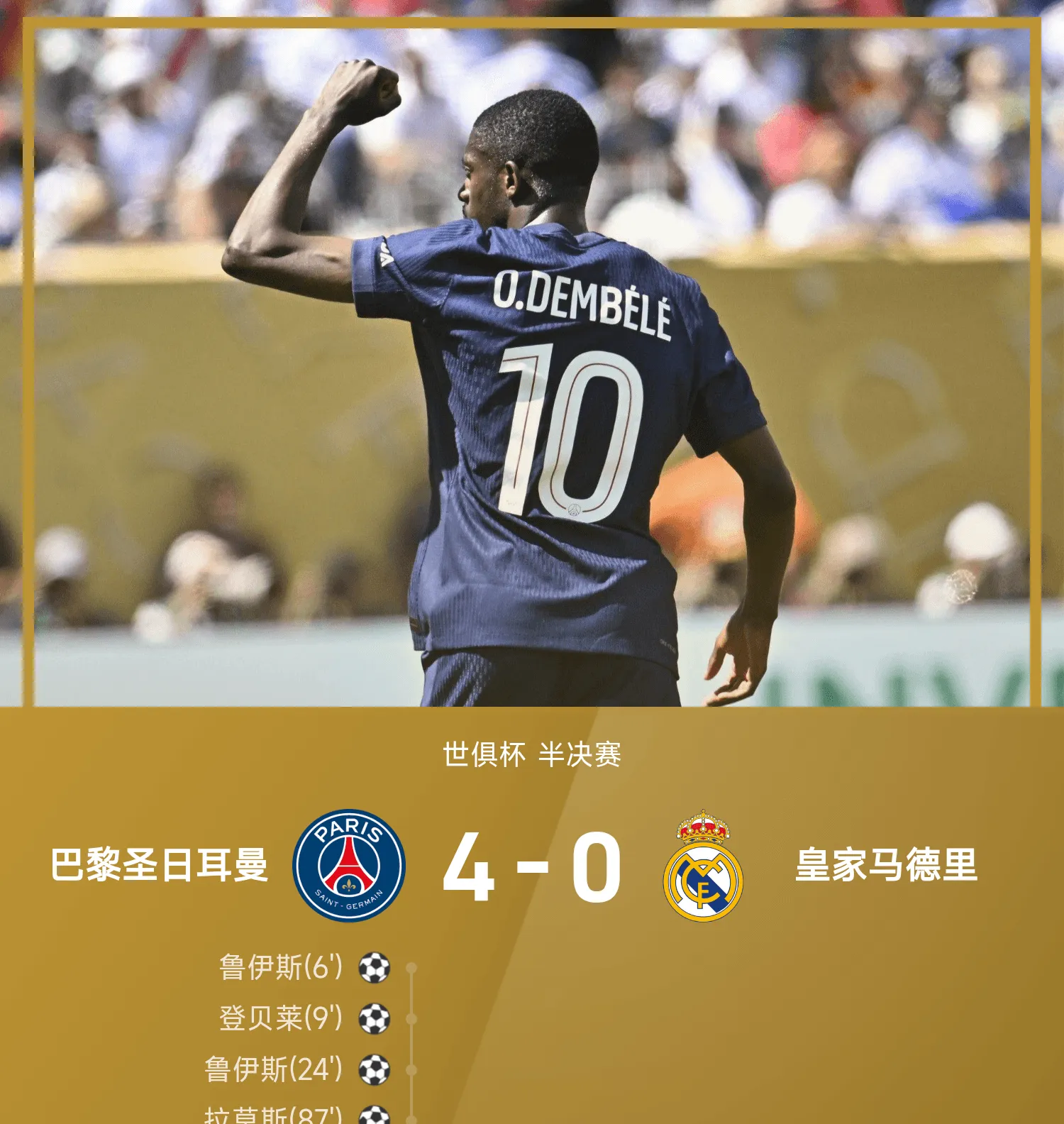 巴黎圣日耳曼客场逆转曼联，取得欧冠四强资格